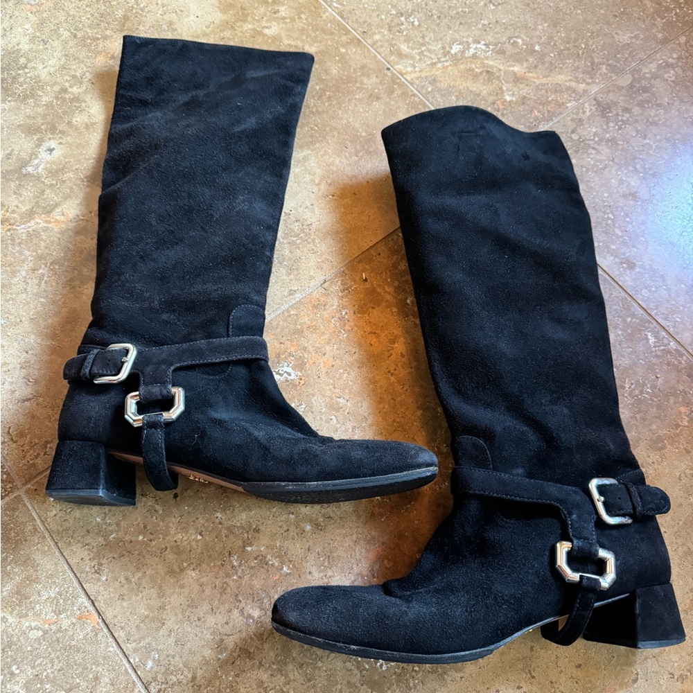 Prada Black Suede Knee-High Boots Vestaire Collection 37.5 - Picture 1 of 9
